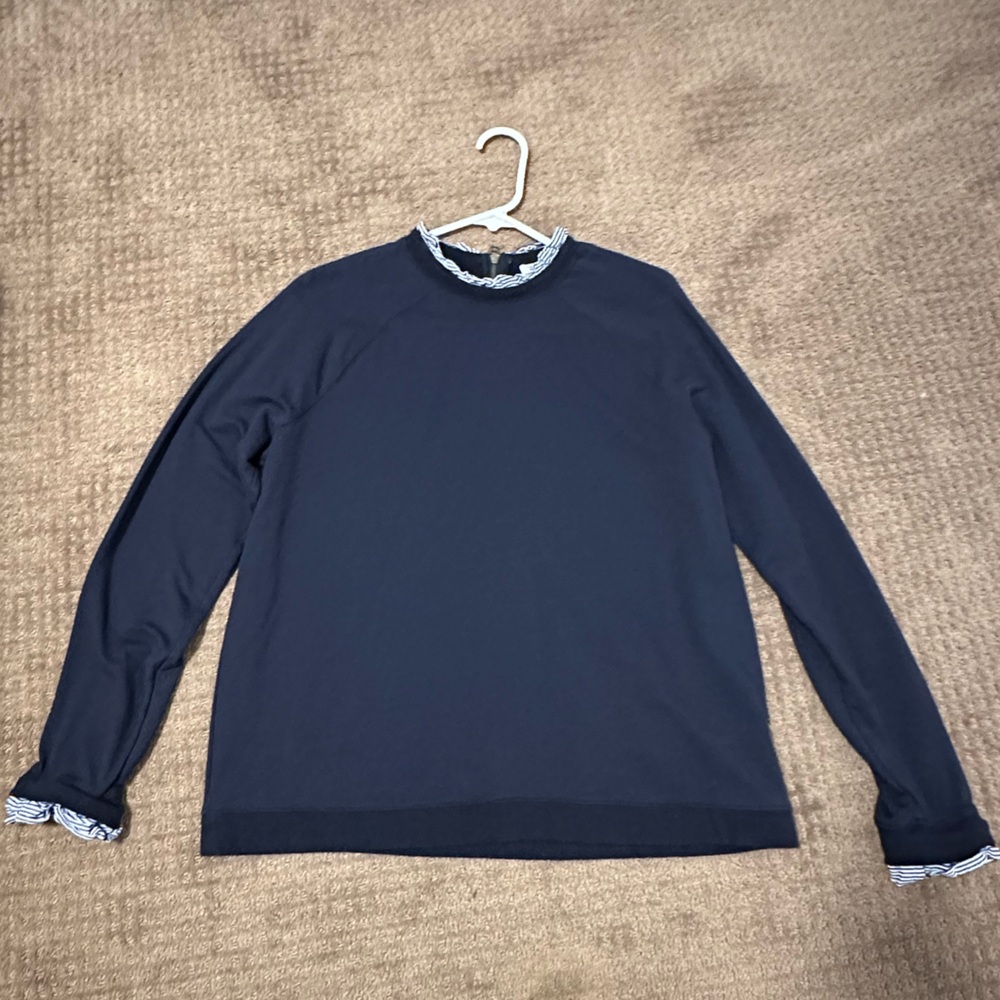 Carolina Belle Long Sleeve Pullover- ruffles on neck & sleeves- Navy, L